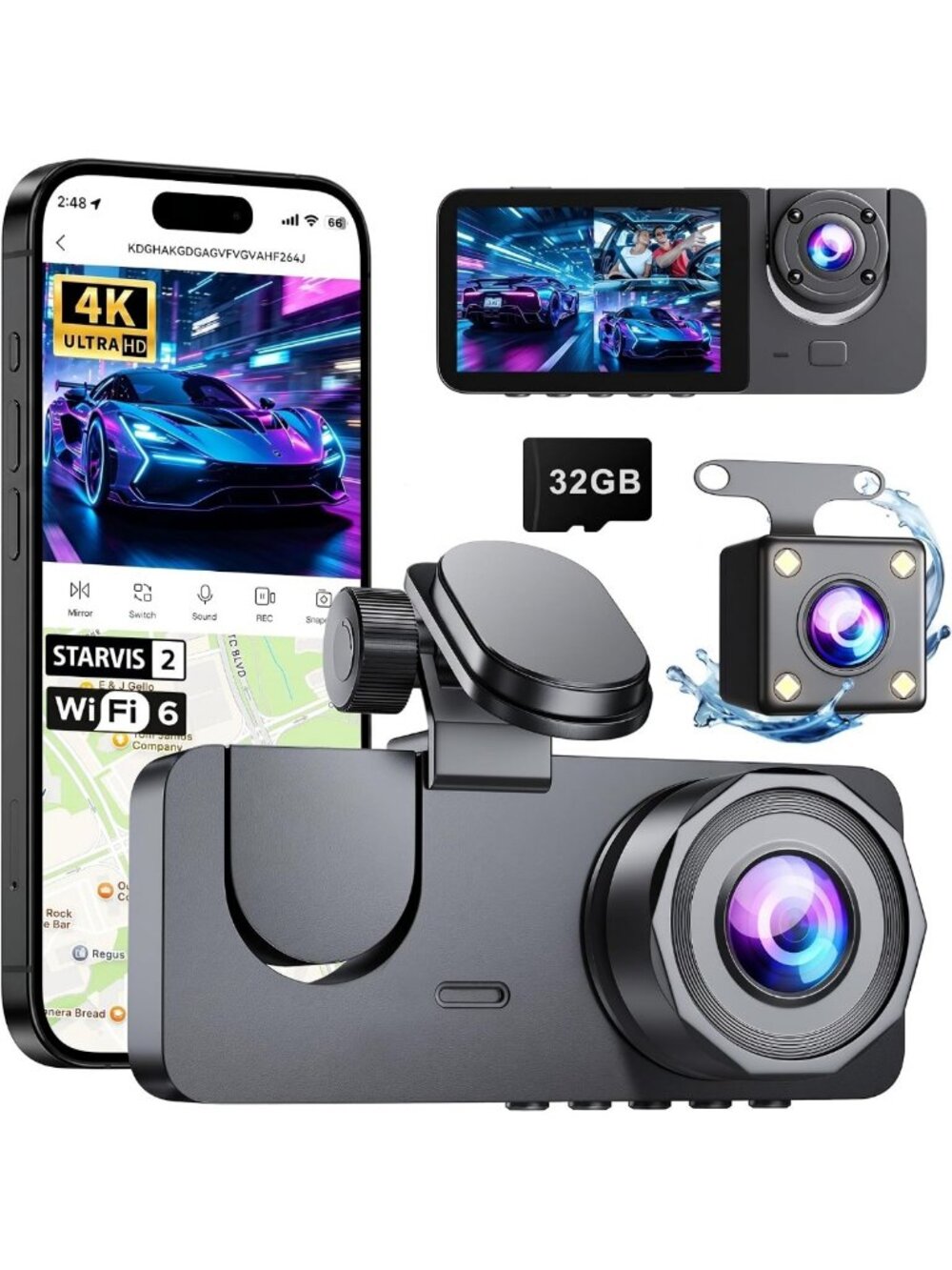 4K Full HD 3-Channel Dash Cam with Front & Rear View for Car Safety & Security